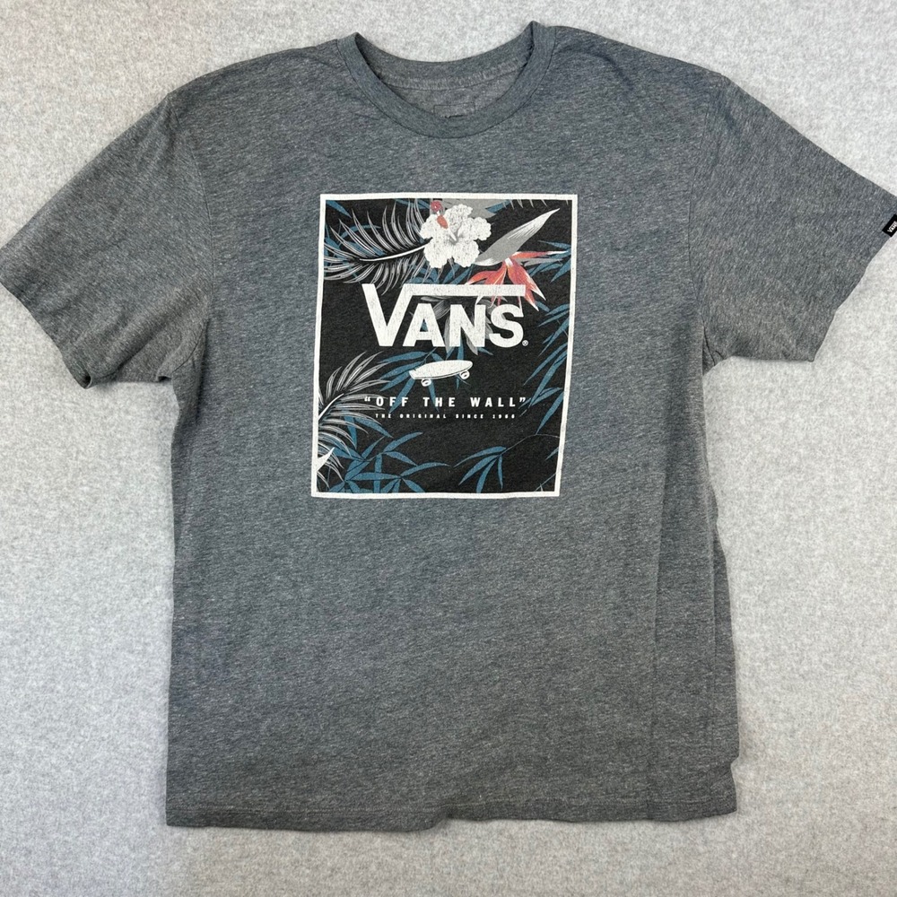 Vans Mens Custom Fit Graphic T-Shirt Gray Large Off The Wall Tropical Floral - Picture 1 of 8